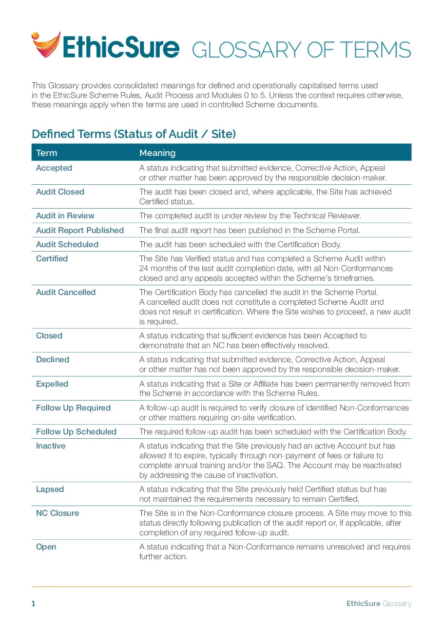 First page of the EthicSure Glossary of Terms