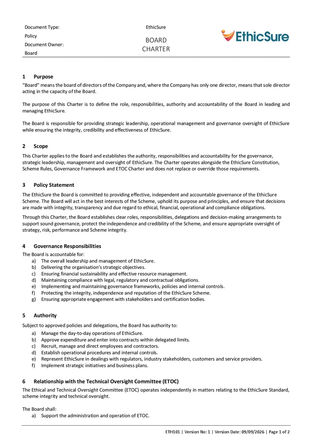 First page of the EthicSure Board Charter