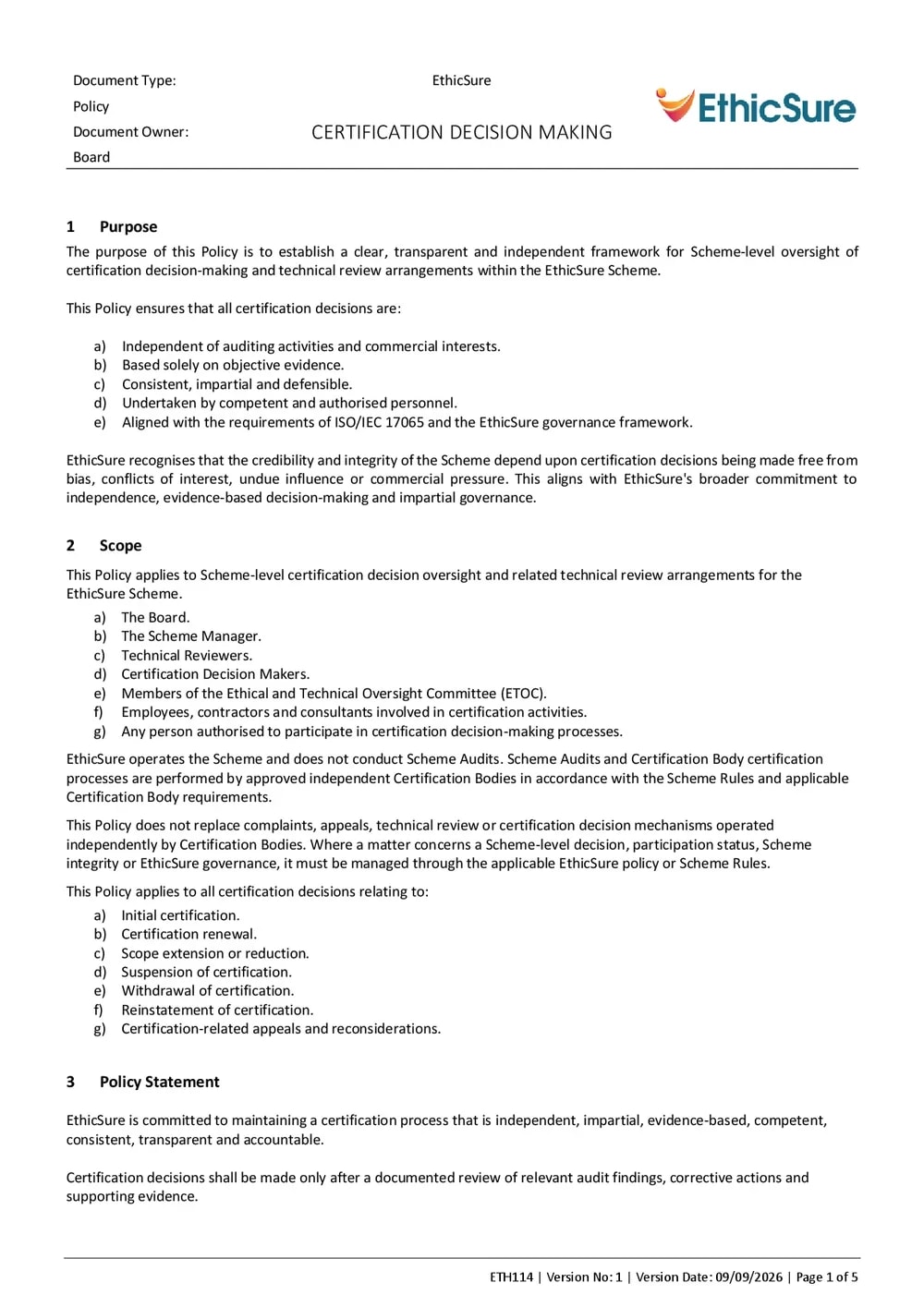 First page of the EthicSure Certification Decision Making Policy