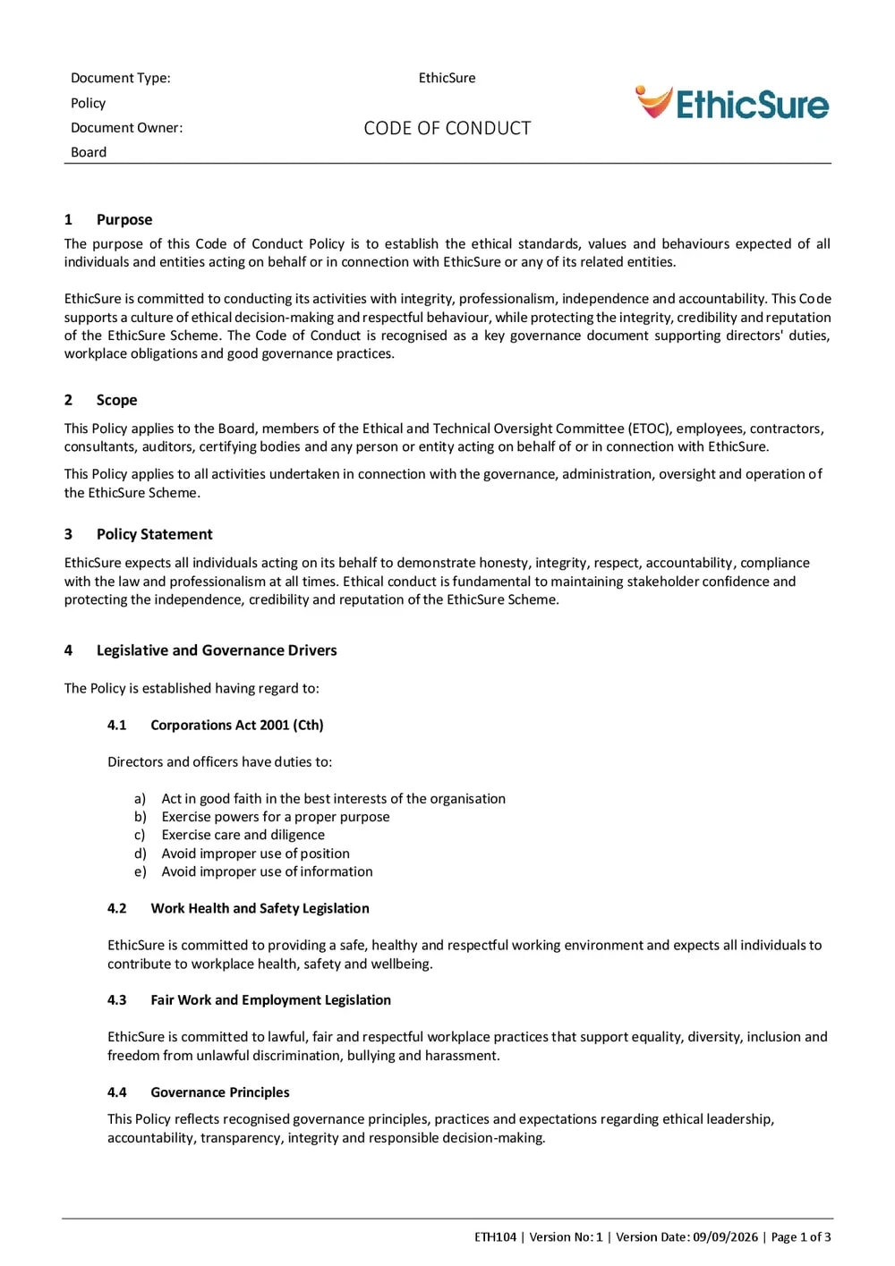 First page of the EthicSure Code of Conduct