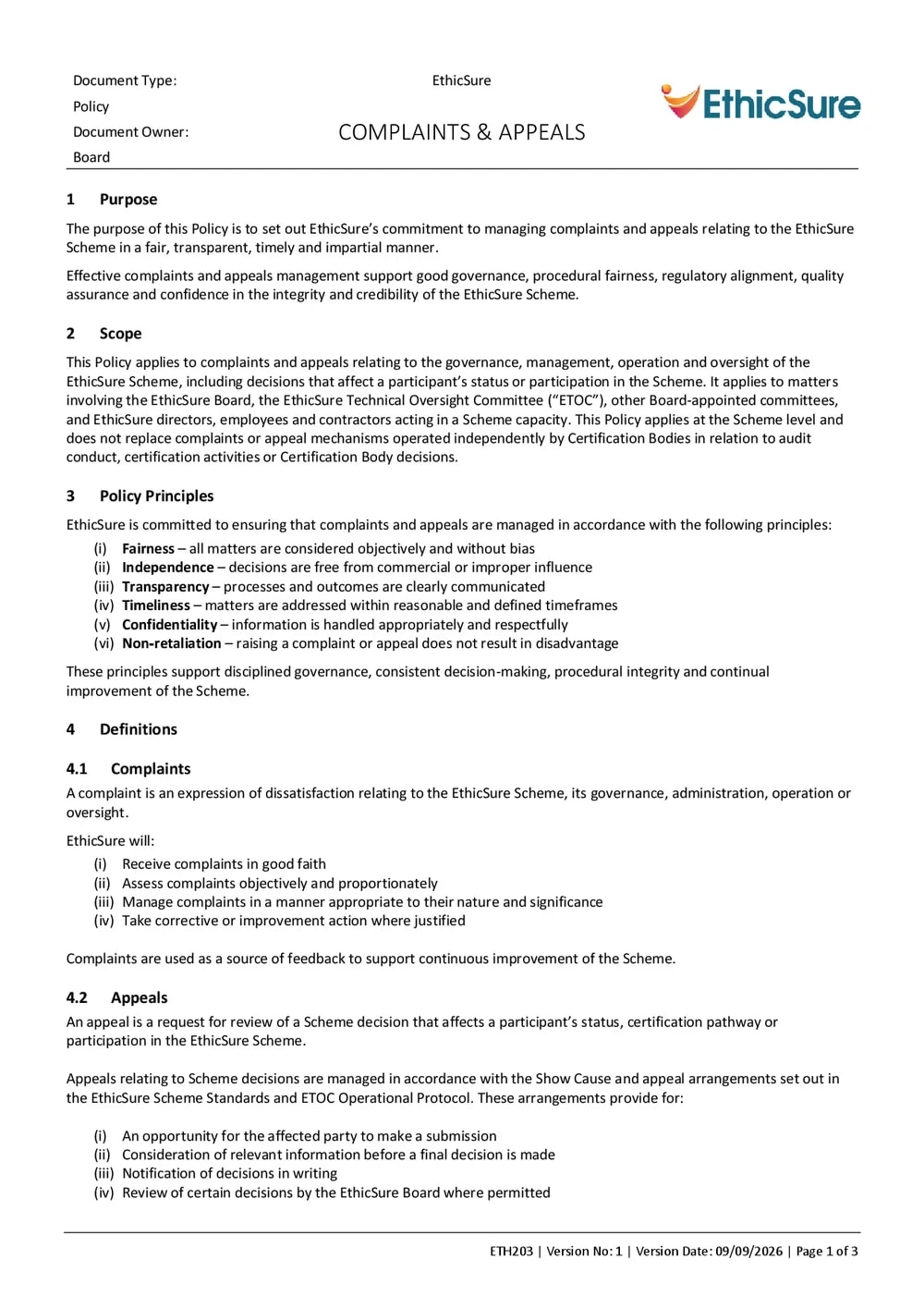 First page of the EthicSure Complaints & Appeals Policy