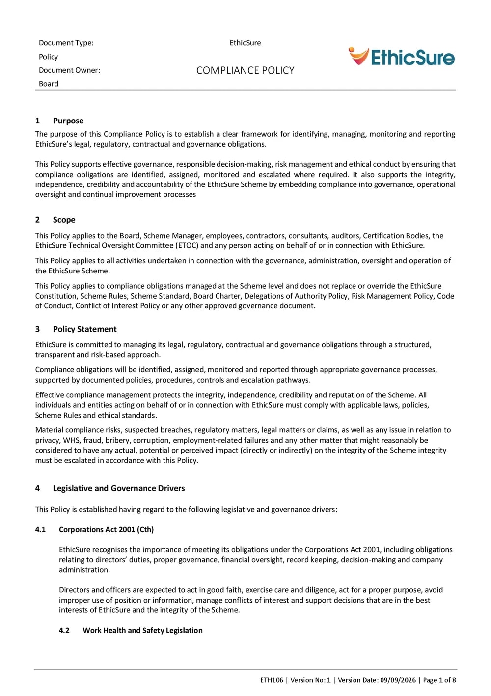 First page of the EthicSure Compliance Policy
