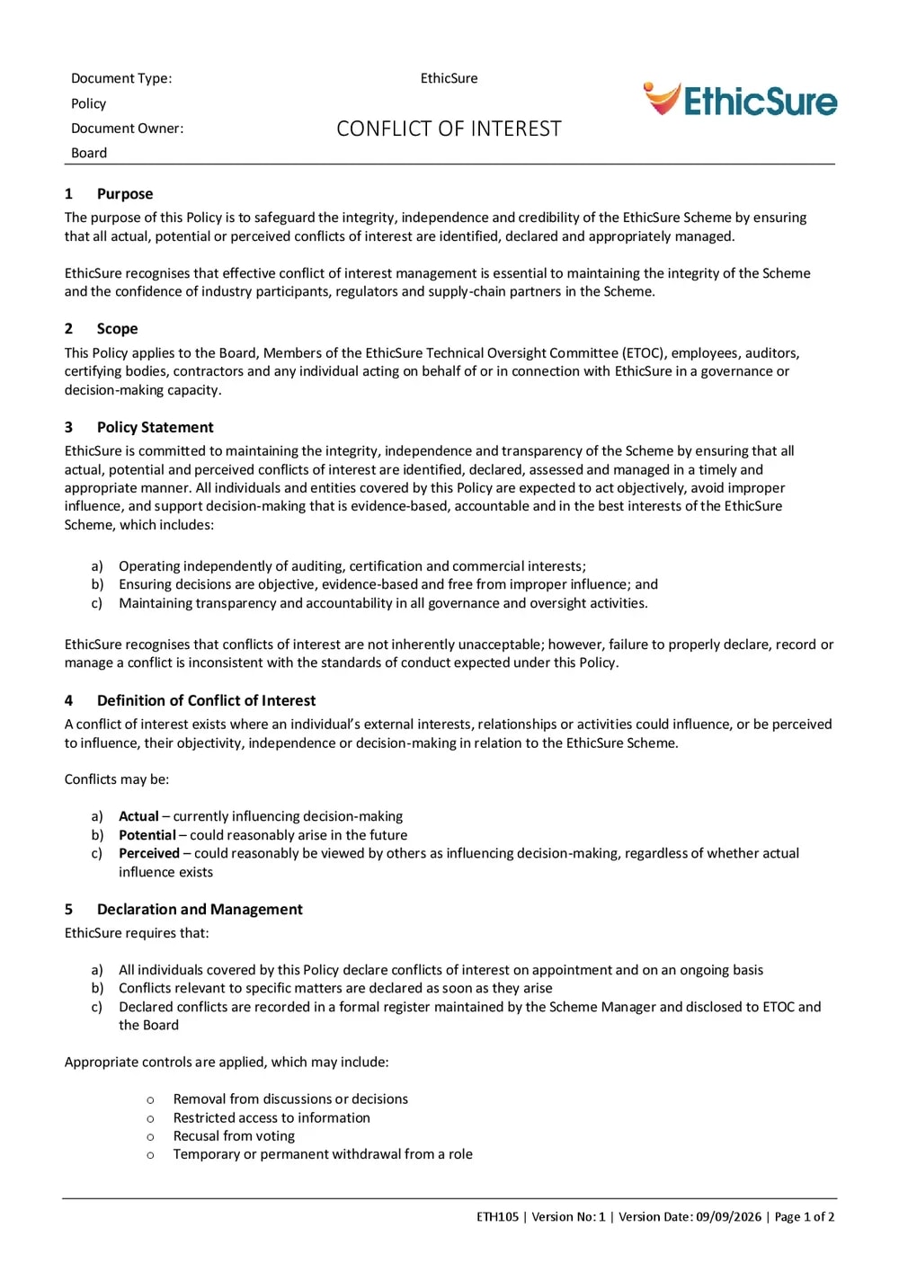 First page of the EthicSure Conflict of Interest Policy