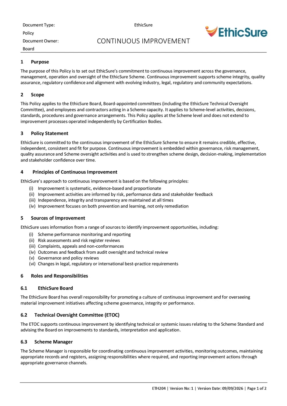 First page of the EthicSure Continuous Improvement Policy
