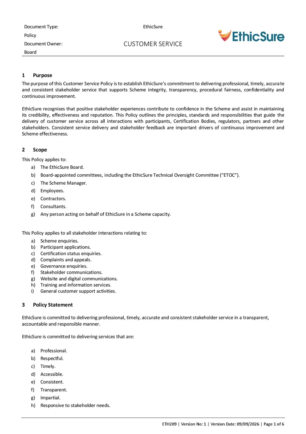 First page of the EthicSure Customer Service Policy