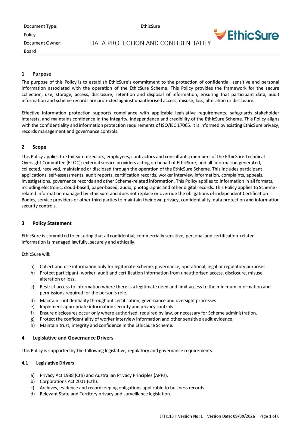 First page of the EthicSure Data Protection and Confidentiality Policy