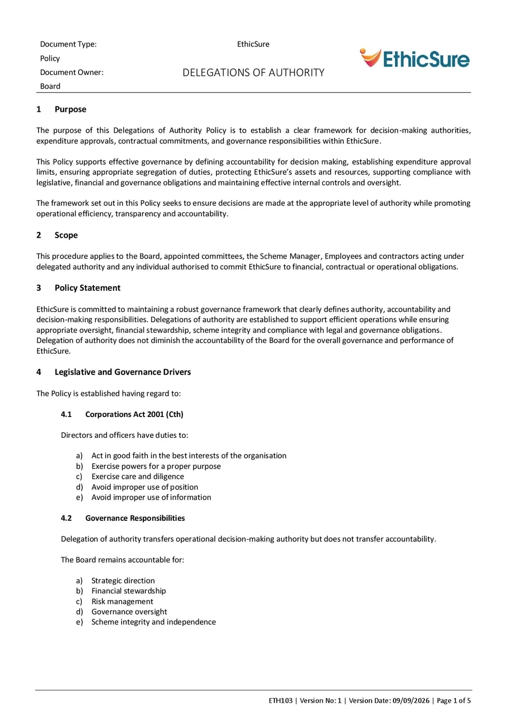 First page of the EthicSure Delegations of Authority