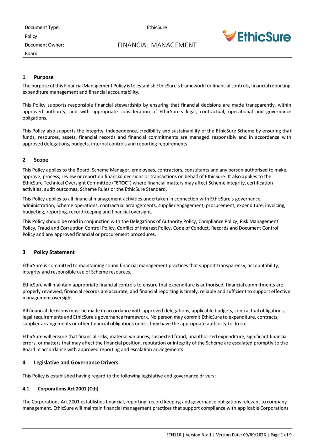 First page of the EthicSure Financial Management Policy