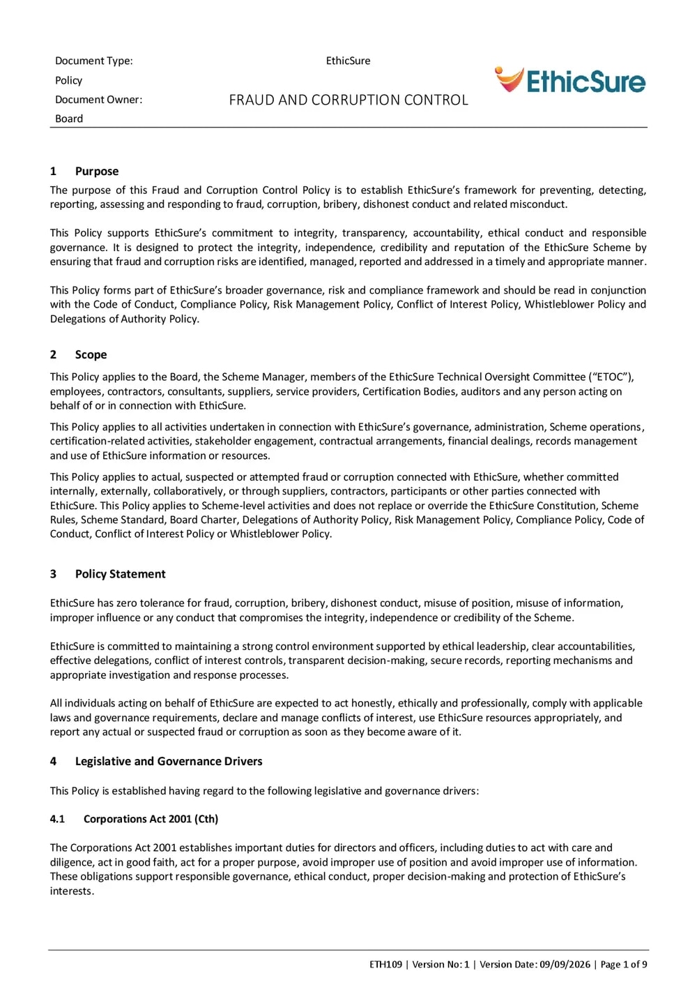 First page of the EthicSure Fraud & Corruption Control Policy