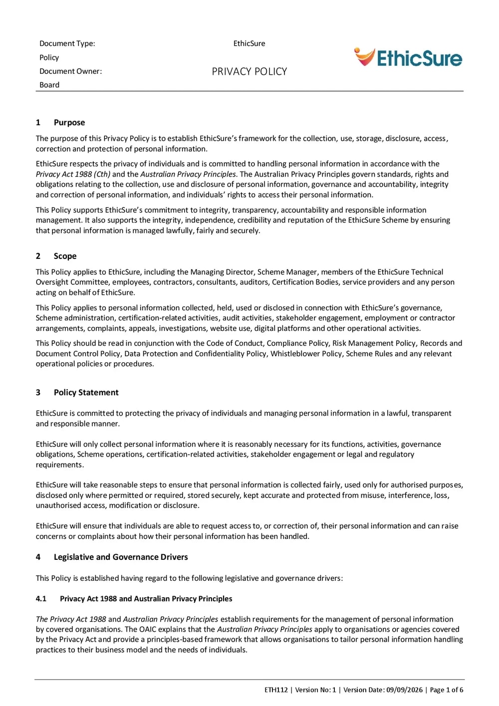 First page of the EthicSure Privacy Policy