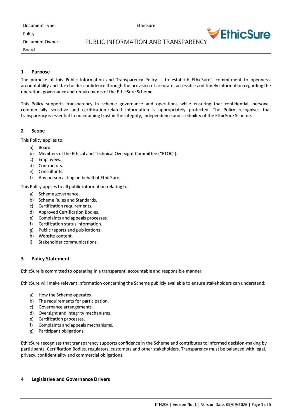 First page of the EthicSure Public Information and Transparency Policy
