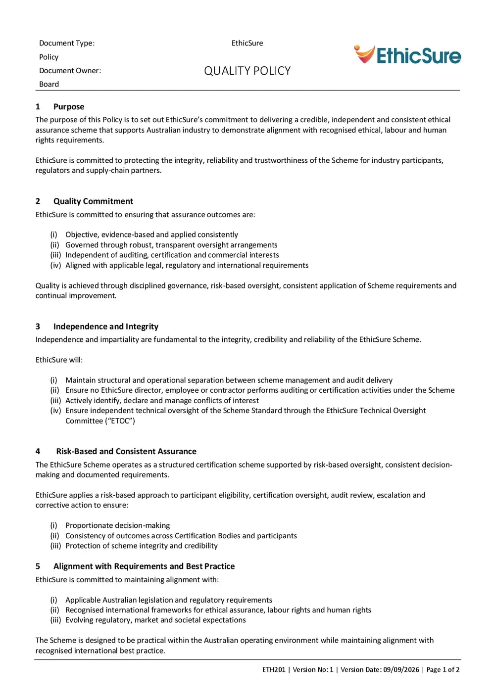 First page of the EthicSure Quality Policy