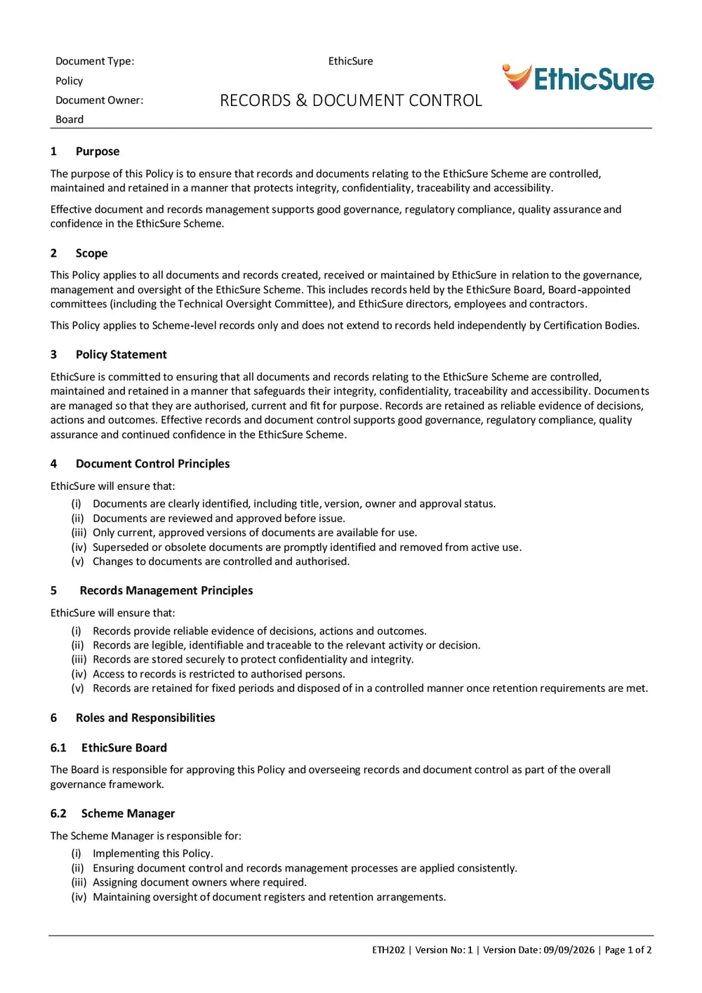 First page of the EthicSure Records & Document Control Policy