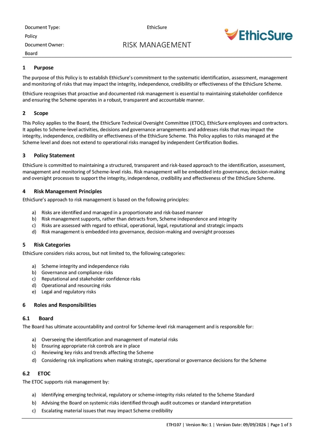 First page of the EthicSure Risk Management Policy