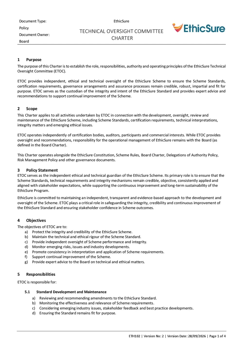 First page of the EthicSure Technical Oversight Committee Charter