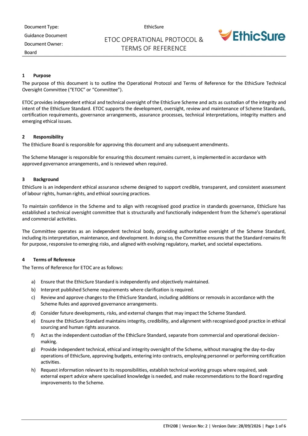 First page of the EthicSure Technical Oversight Committee Operational Protocol