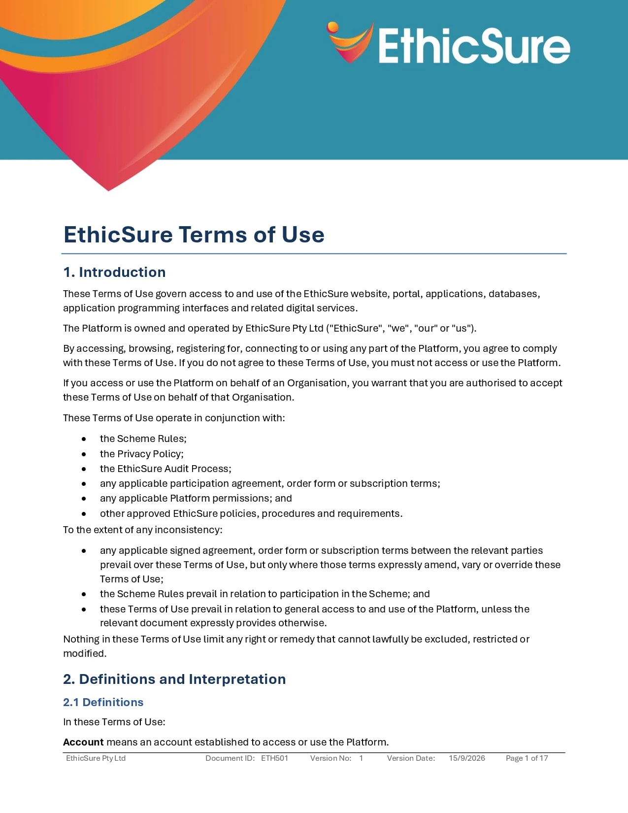 Cover of the EthicSure Terms of Use