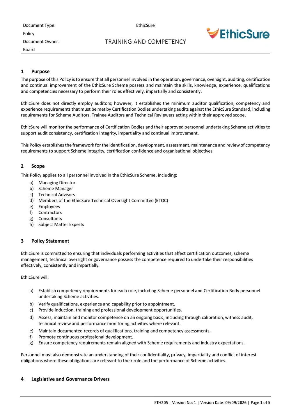 First page of the EthicSure Training and Competency Policy
