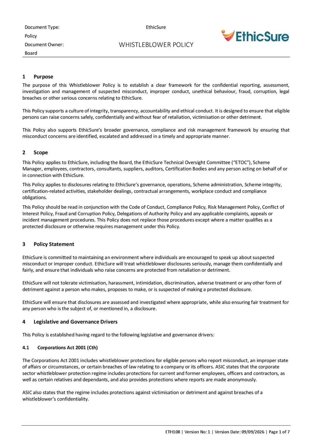 First page of the EthicSure Whistleblower Policy