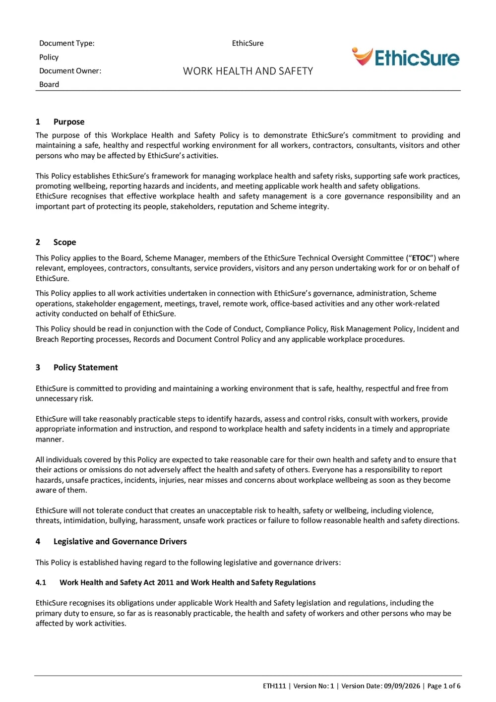 First page of the EthicSure Work Health and Safety Policy